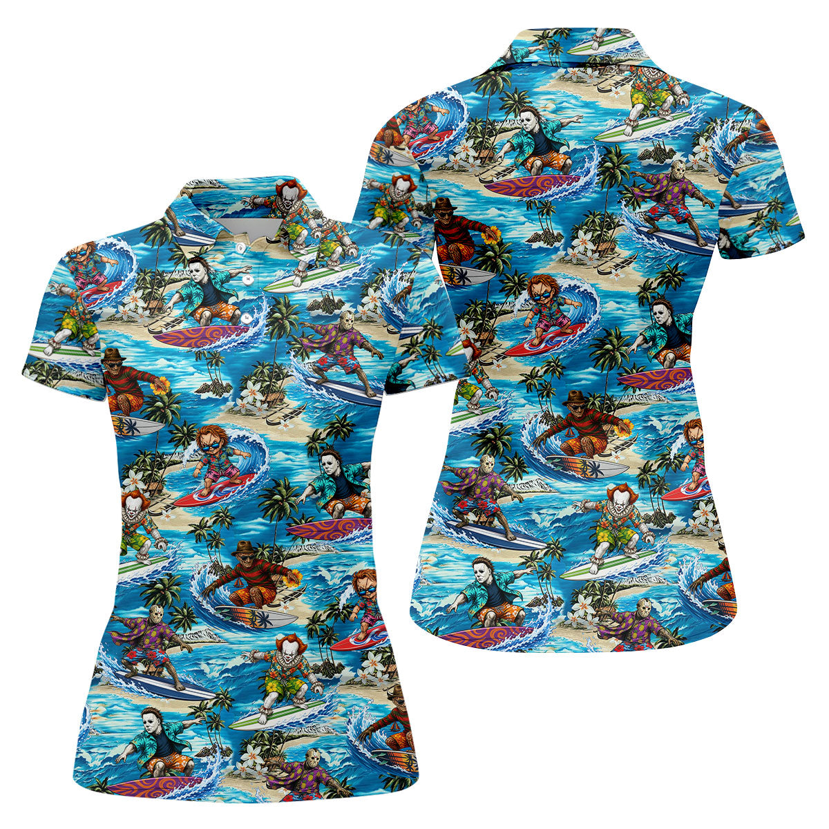 Horror Surfing Hawaiian Golf Shirt, Tropical Golf Tops, Golf Shirts For Women