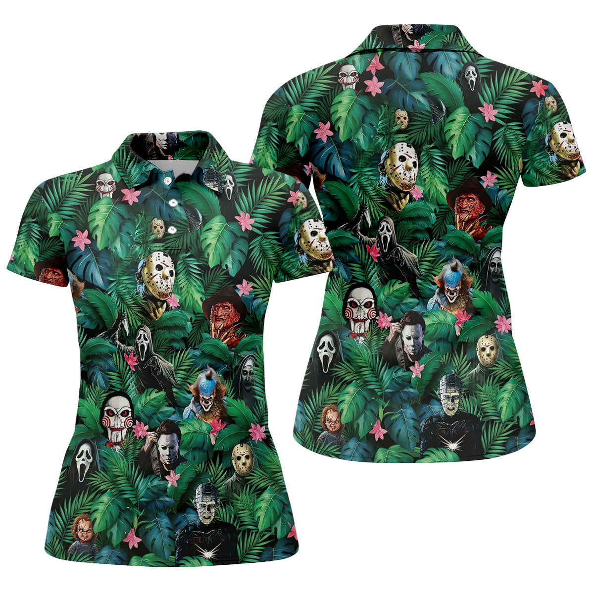 Tropical Horror Character Pattern Golf Polo Shirt, Womens Golf Polo, Ladies Golf Shirts