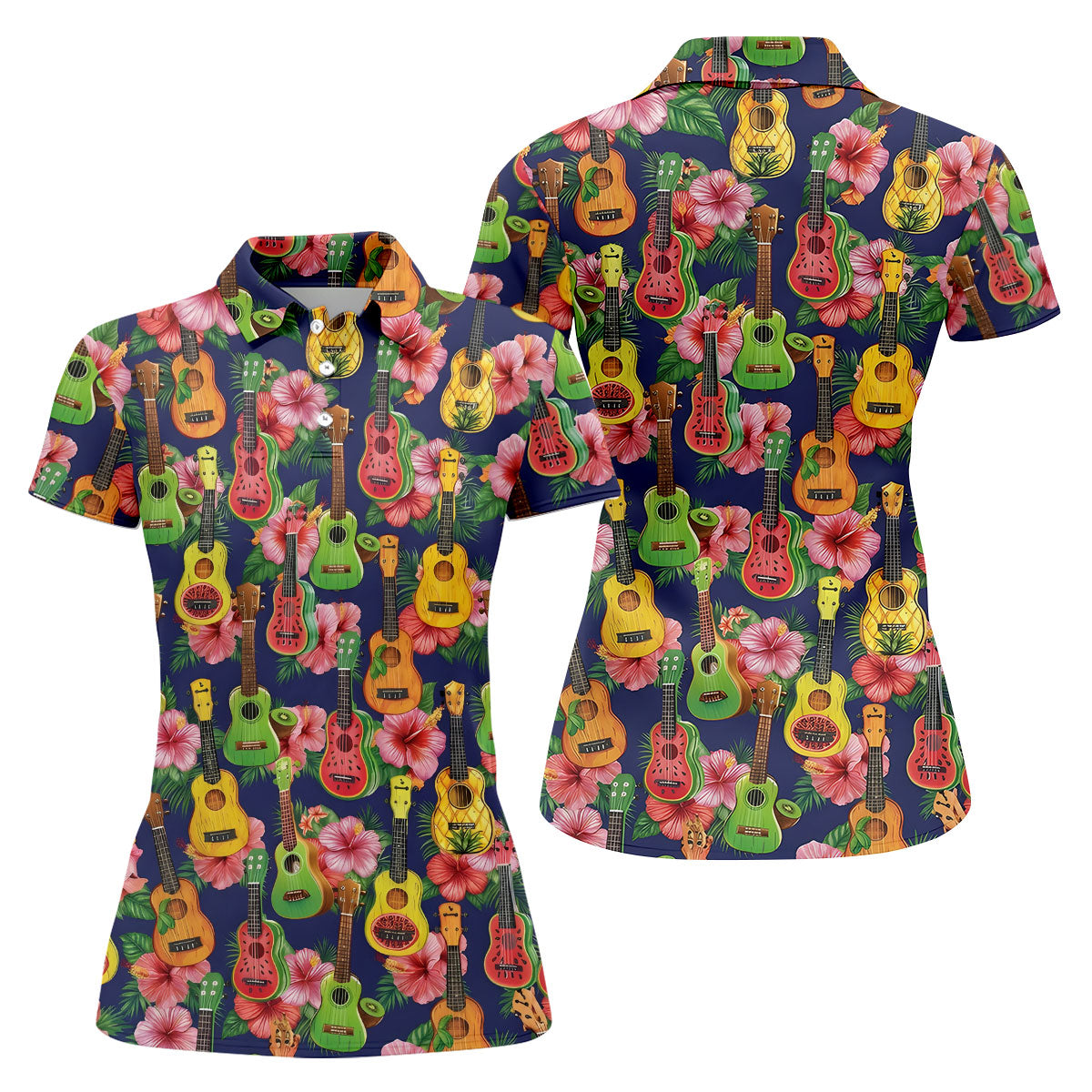 Tropical Ukulele Fruit Pattern 250 Retro Golf Shirt, Hawaiian Vibe Golf Shirt For Women