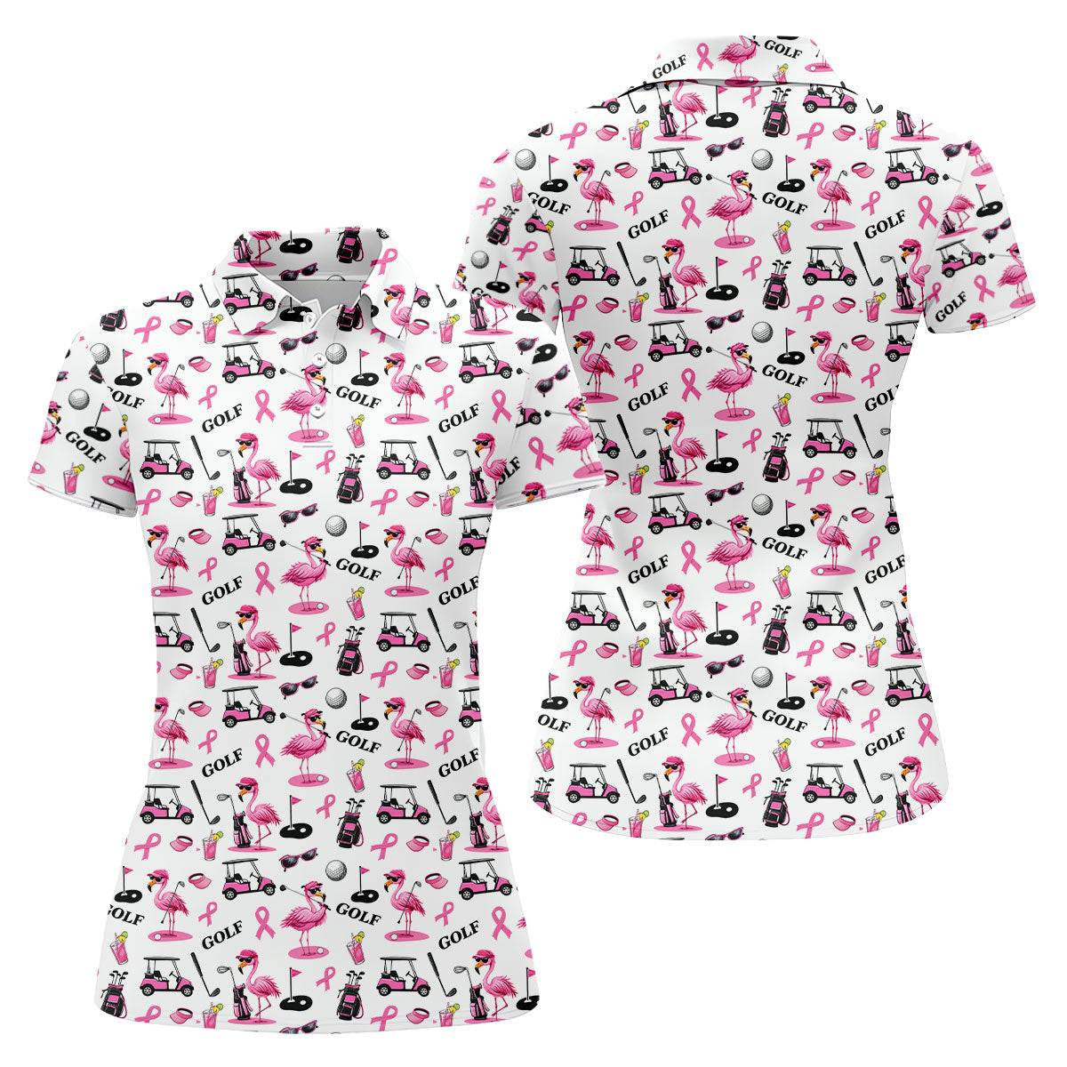 Pink Flamingo Golf Breast Cancer Polo Shirt, Golf Tops For Women, Ladies Golf Shirts