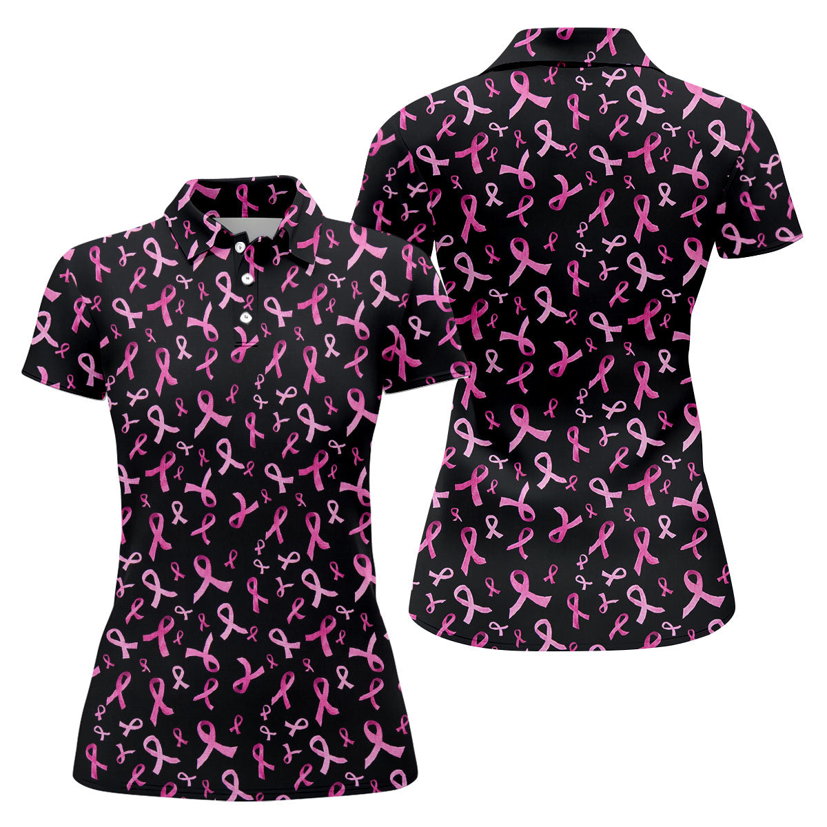 Watercolor Pink Ribbon Breast Cancer Polo Shirt, Golf Tops For Women, Printed Golf Shirt