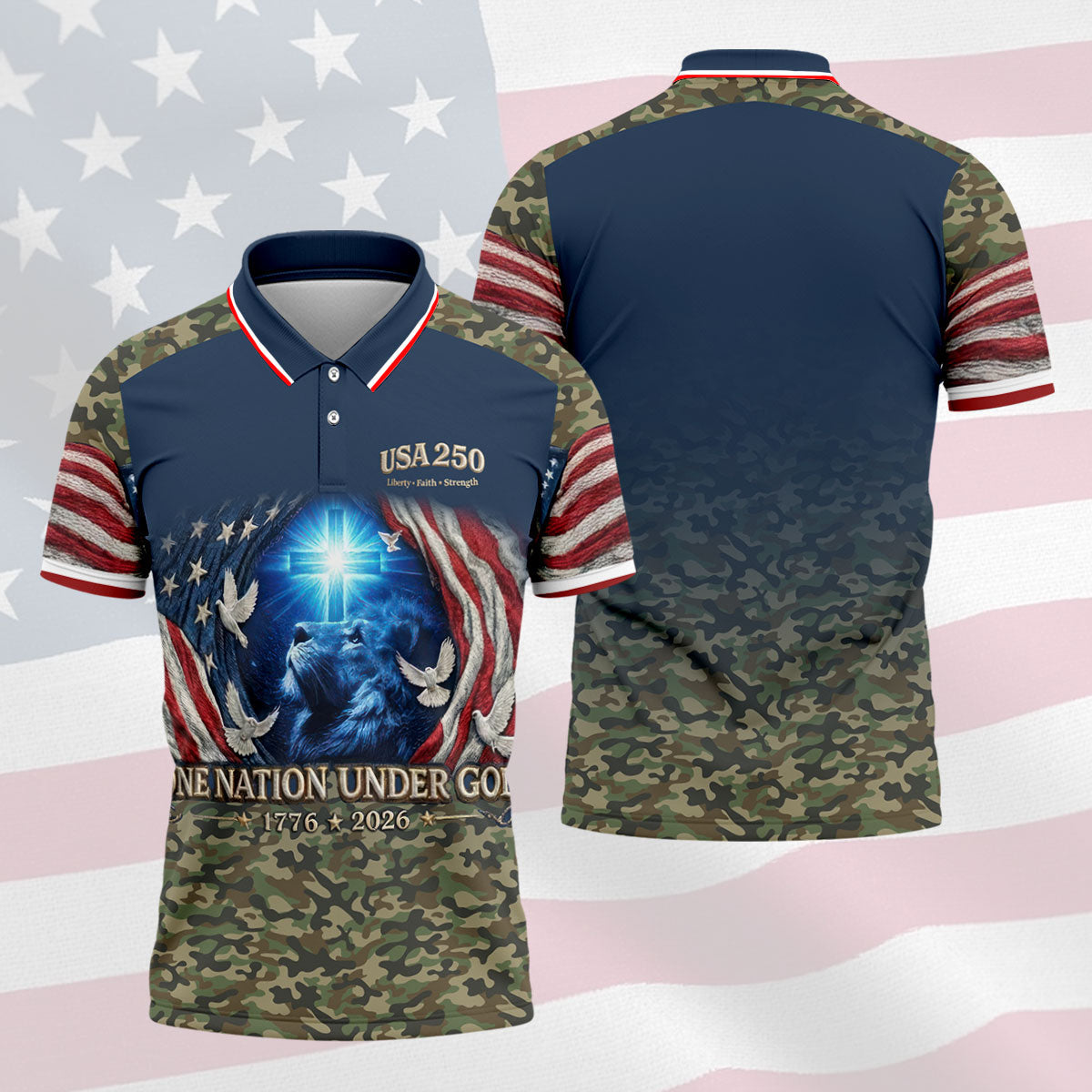 One Nation Under God Faith Cross USA 250 Navy Camo Golf Shirt, 4th Of July Golf Shirts For Men
