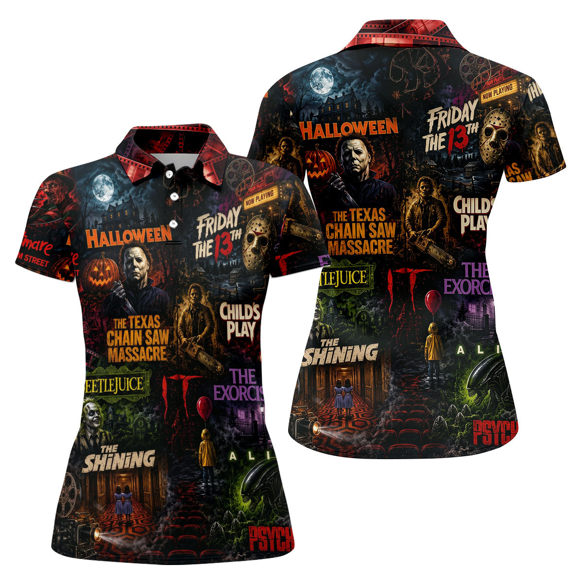 Classic Horror Character Movie Poster Collage Golf Polo Shirt, Women's Golf Polo, Printed Golf Shirts