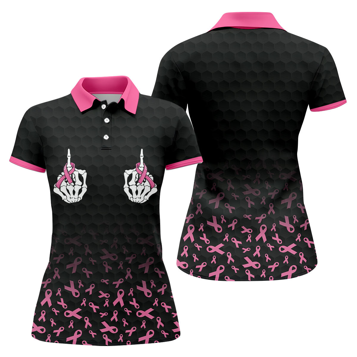 Two Skeleton Middle Fingers Breast Cancer Polo Shirt, Ladies Golf Top, Golf Tops For Women