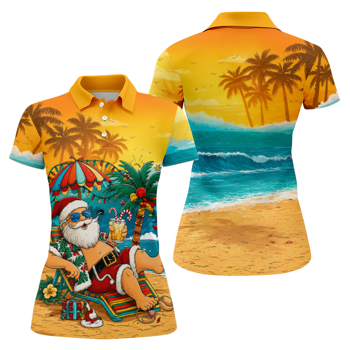Beach Chair Santa Christmas Golf Shirt, Women's Golf Tops, Hawaiian Golf Shirt, Golf Shirts For Women