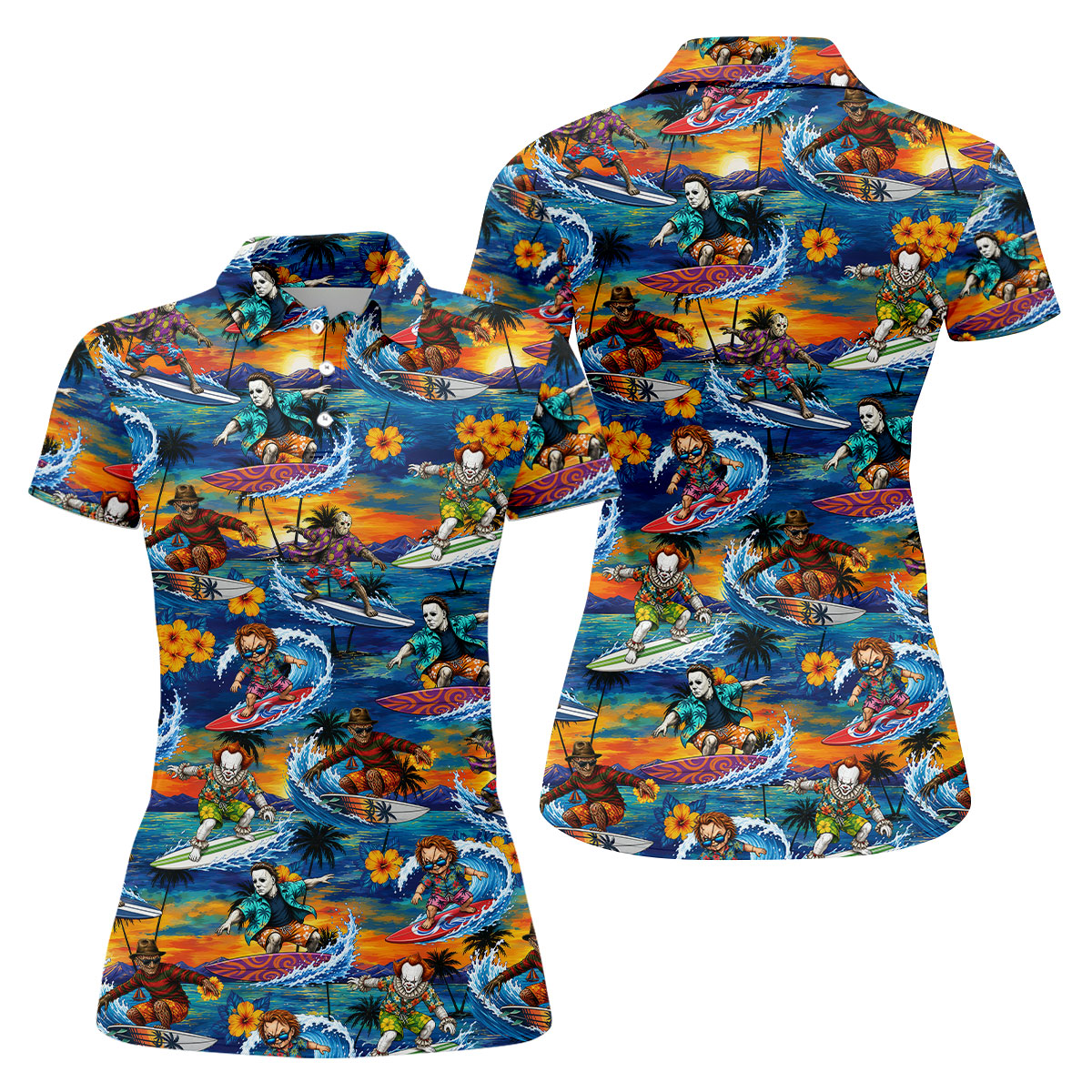 Retro Horror Character Villains Surfing Sunset Waves Golf Polo Shirt, Women's Golf Polo, Golf Tops For Women