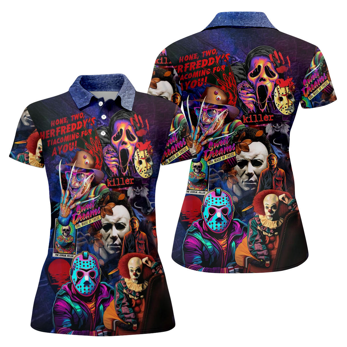 Vintage Horror Character Movie Villain Collage Golf Polo Shirt, Womens Golf Polo, Ladies Golf Shirts