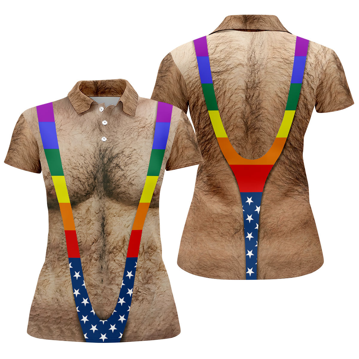 Funny Hairy Chest Rainbow Suspenders Golf Polo, Golf Shirts For Women, Women's Golf Apparel