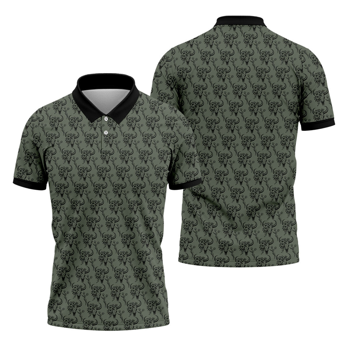 Cow Skull With Flowers Western Theme Forest Green Golf Tops For Men, Polo Shirts For Men, Golf Shirts For Men