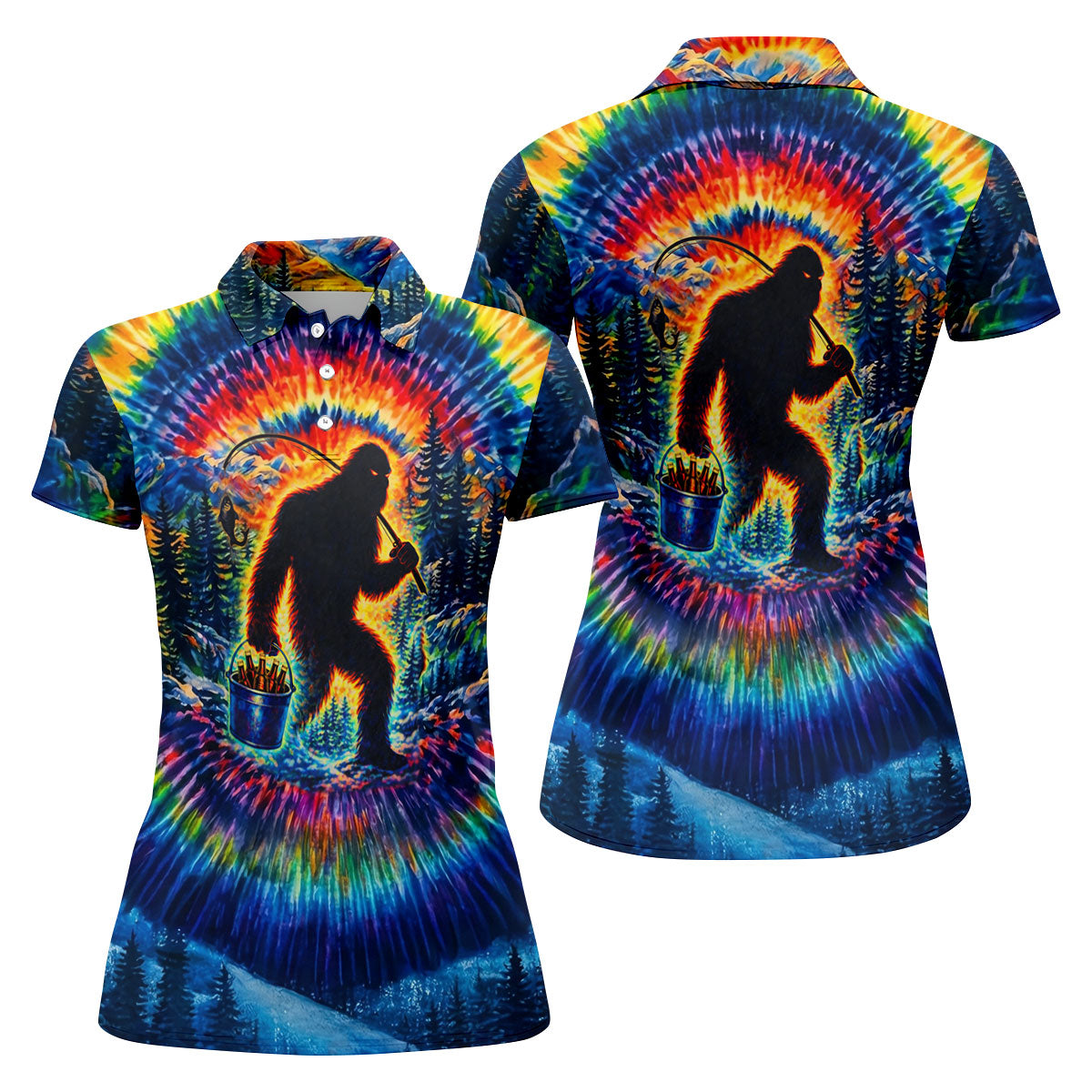 Tie Dye Bigfoot Fishing Forest Golf Shirt, Women’s Golf Apparel, Golf Tops For Women