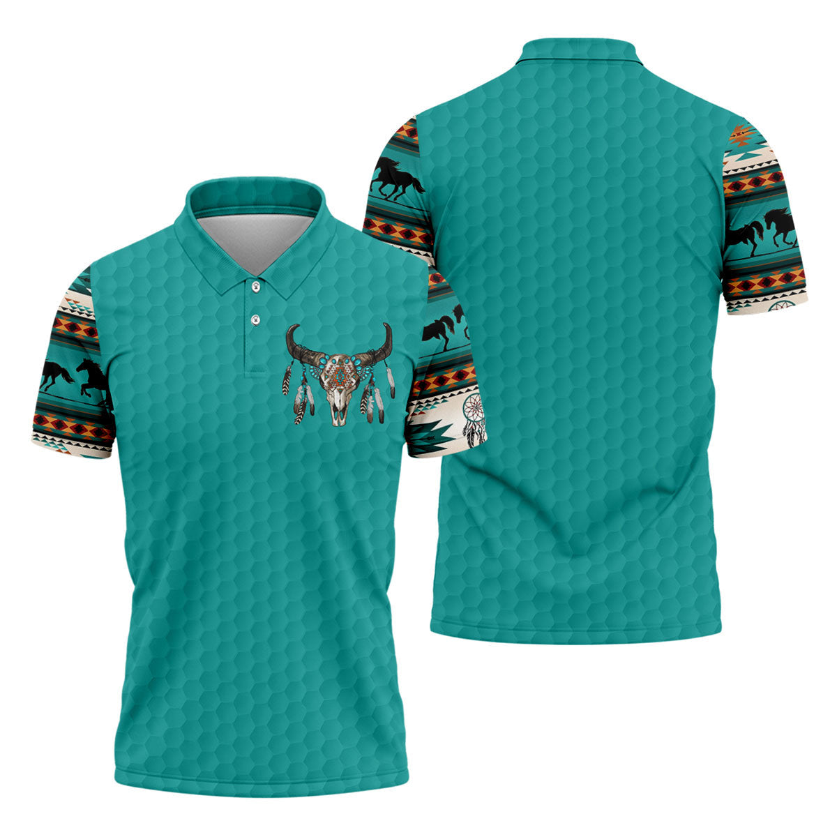 Turquoise Southwestern Bull Skull Golf Polo Shirt, Printed Golf Shirts, Golf Shirts For Men