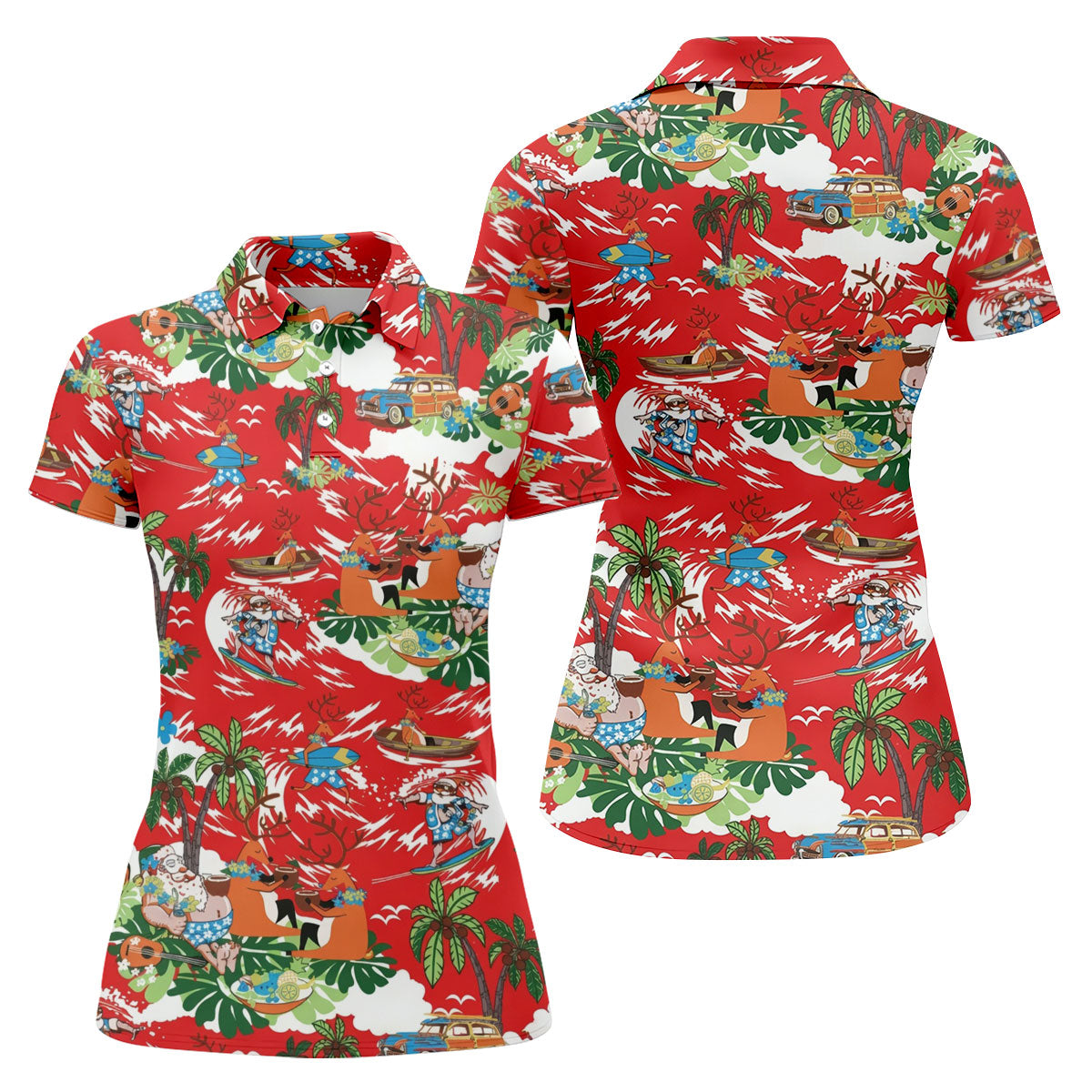 Women's Funny Tropical Santa Surfing Golf Shirt, Christmas Golf Shirt, Women’s Golf Polo