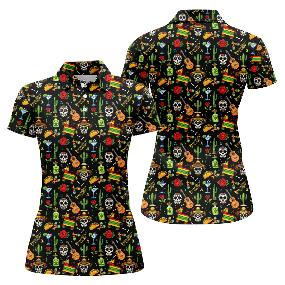 Decorated Skulls Party Items Cinco De Mayo Celebration Fiesta Themed Black Golf Shirt For Women