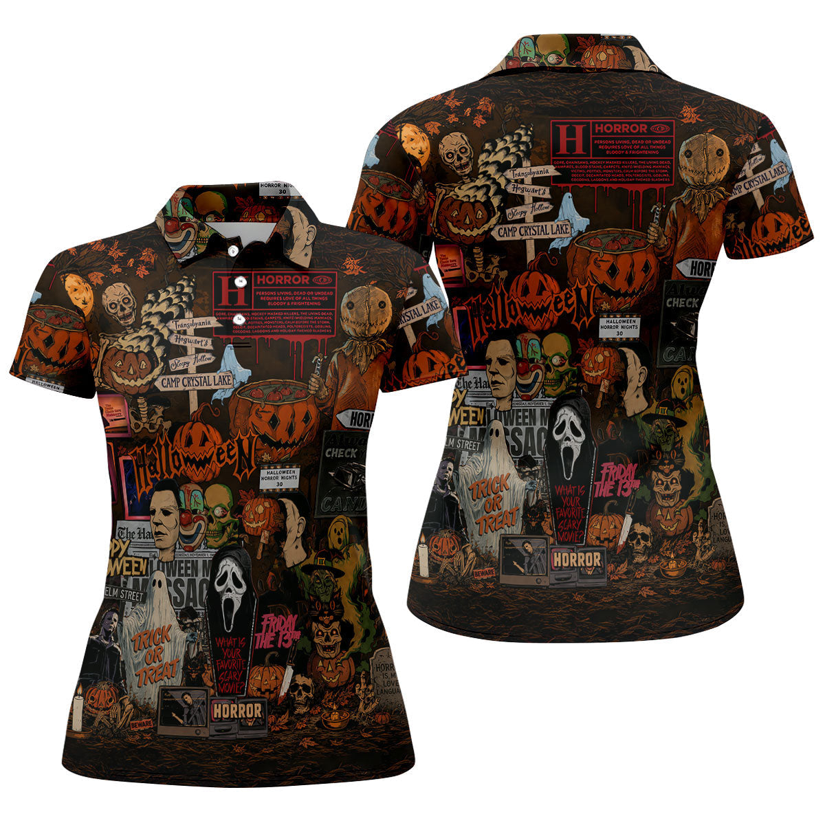 Horror Character Halloween Collage Golf Polo Shirt, Womens Golf Apparel, Ladies Golf Tops