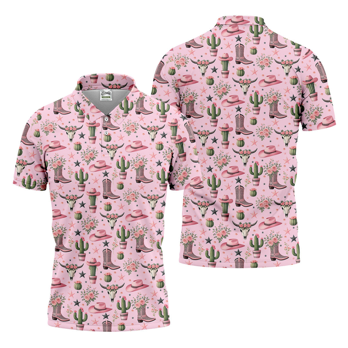 Pink Western Boots Roses Cactus Pattern Hawaiian Golf Shirt, Printed Golf Shirts, Mens Golf Apparel
