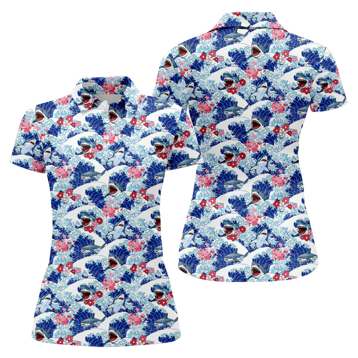 Japanese Shark Wave Sakura Golf Shirt, Women's Golf Tops, Golf Shirts For Women, Women’s Golf Apparel