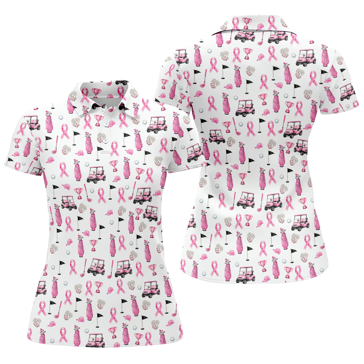 Pink Golf Cart Ribbon Breast Cancer Polo Shirt, Womens Golf Polo, Golf Tops For Women
