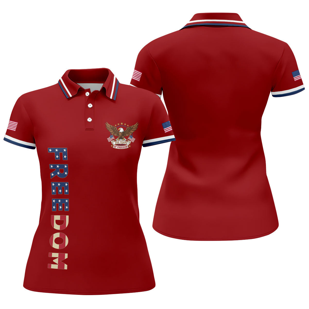 250 Years Of Freedom US Flag Logo Red Golf Shirt, Patriotic 4th Of July Golf Shirt For Women