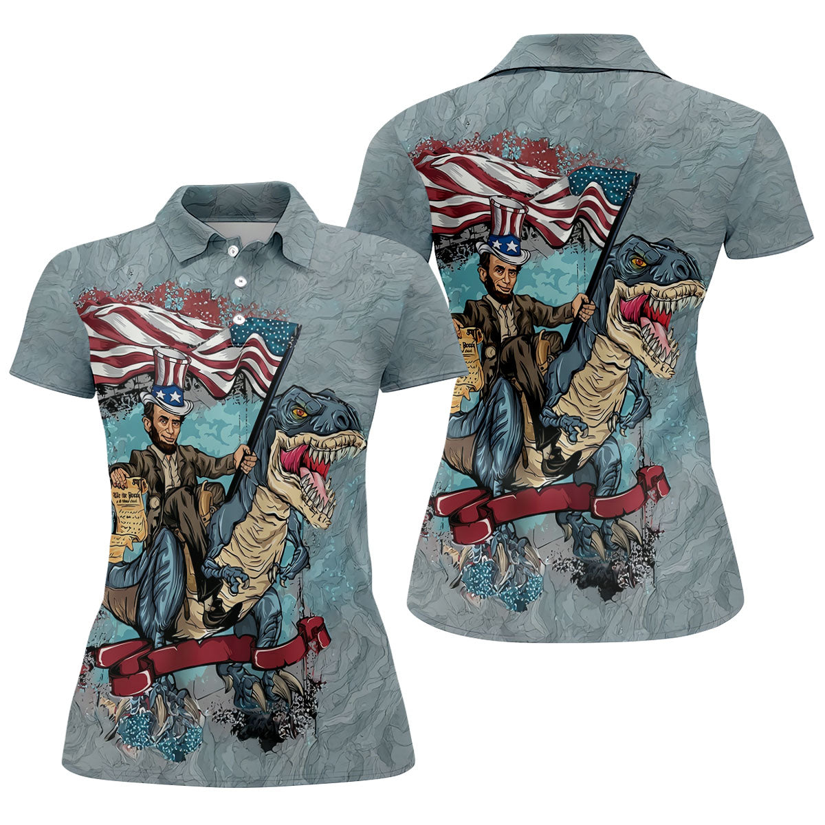 T-Rex Dinosaur US Flag Pattern 4th Of July Golf Shirt, Patriotic 250 Years Golf Shirt For Women