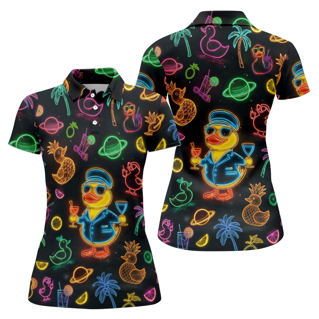 Jet Black Neon Duck Tropical Pattern Golf Shirt, Women's Golf Shirt, Hawaiian Golf Shirt, Golf Polo For Women