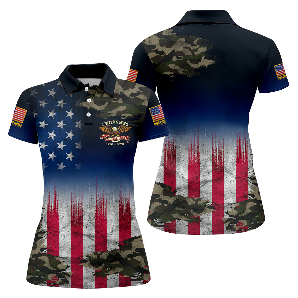 United States 250th Anniversary Camo Patriotic 4th Of July Golf Shirt, Distressed Flag Golf Shirt For Women