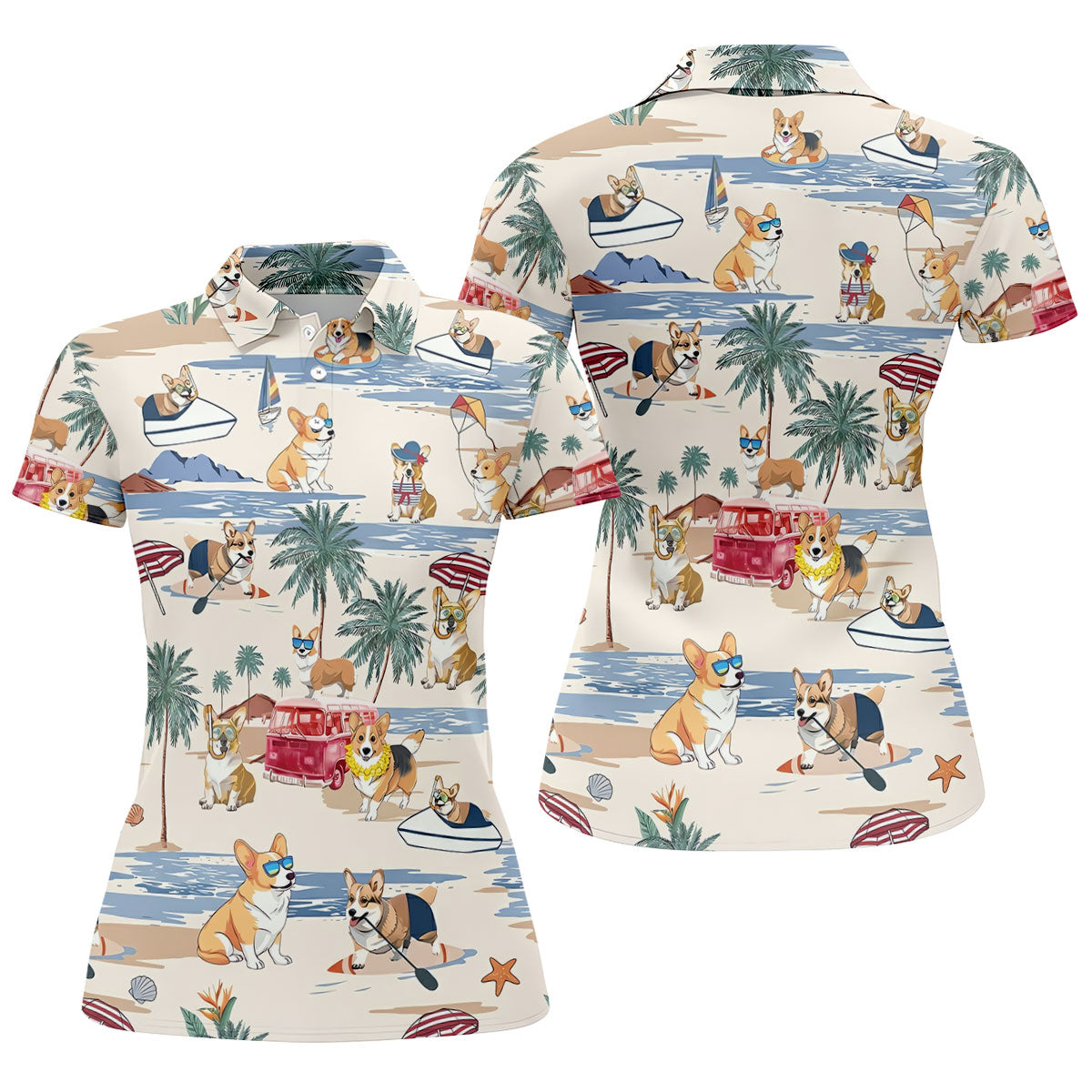 Cute Corgi Beach Vacation Tropical Golf Polo Shirt, Golf Shirts For Women, Women's Golf Apparel