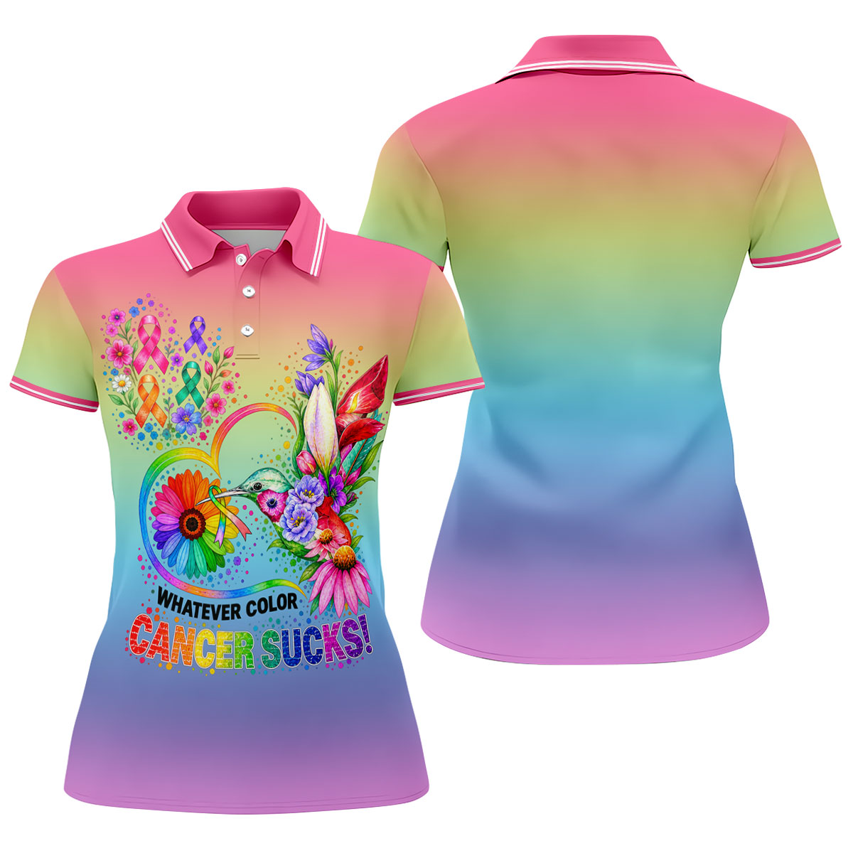 Whatever Color Cancer Sucks Hummingbird Polo Shirt, Ladies Golf Tops, Printed Golf Shirt