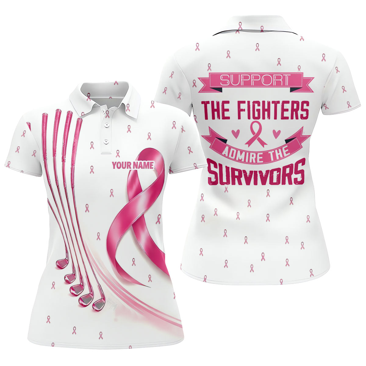 Support The Fighters Custom Pink Ribbon Golf Shirt, Ladies Golf Top, Golf Shirts For Women