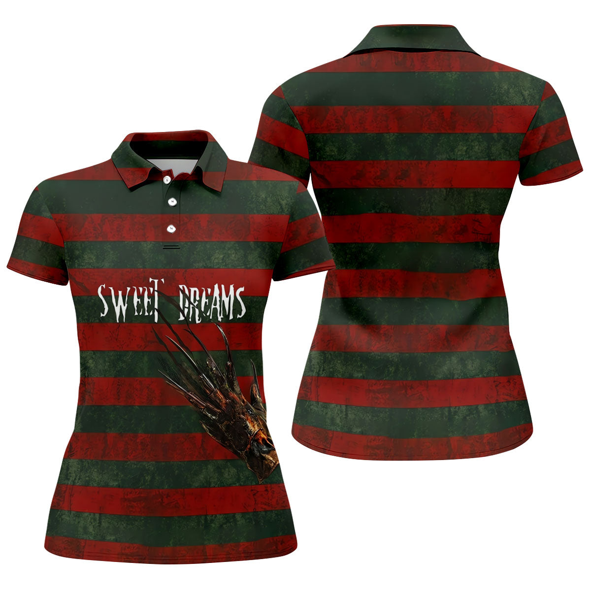 Sweet Dreams Horror Striped Golf Polo Shirt, Women’s Golf Polo, Printed Golf Shirt