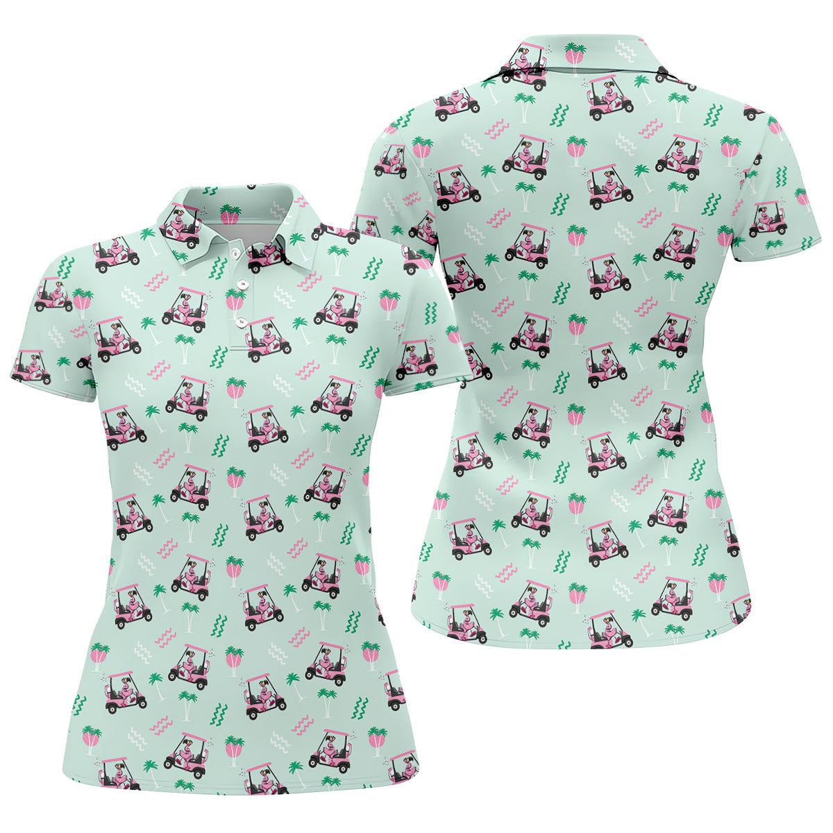 Funny Flamingo Golf Cart Tropical Pattern Polo Shirt, Ladies Golf Top, Golf Tops For Women