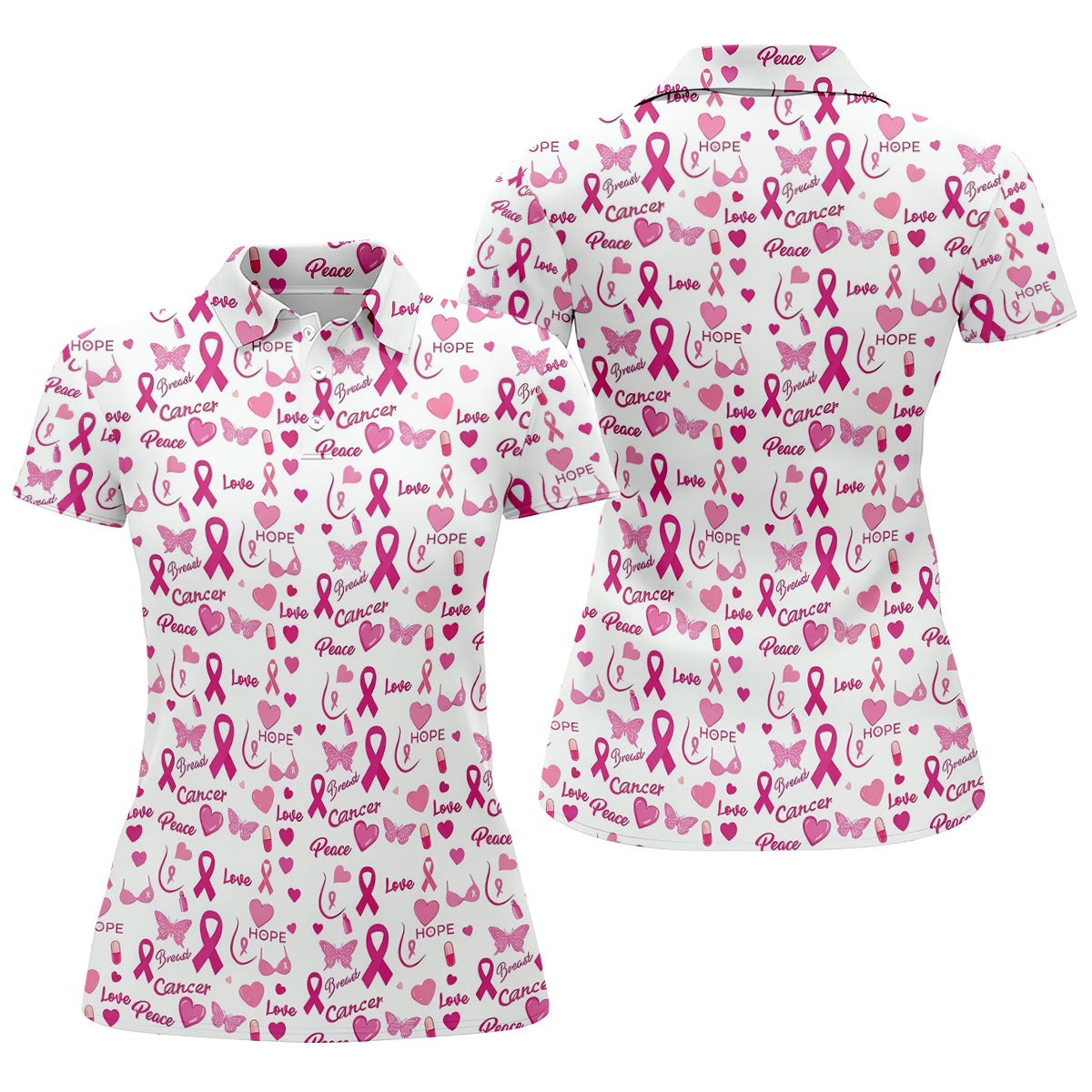 Love Hope Peace Butterfly Breast Cancer Polo Shirt, Ladies Golf Shirt, Women's Golf Tops