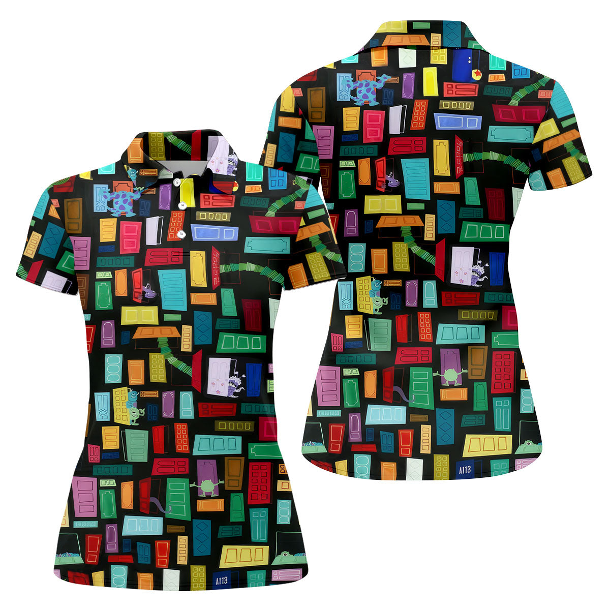 Monster Door Golf Shirt, Colorful Animated Monster World Pattern, Golf Shirt For Women