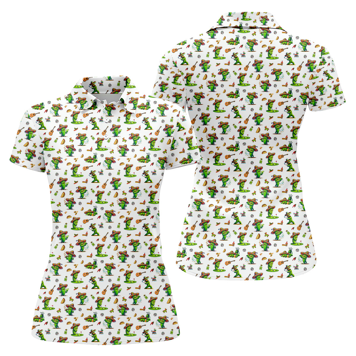 Cartoon Mustach Funny Cactus Cinco De Mayo Celebration Fiesta Themed White Golf Shirt For Women