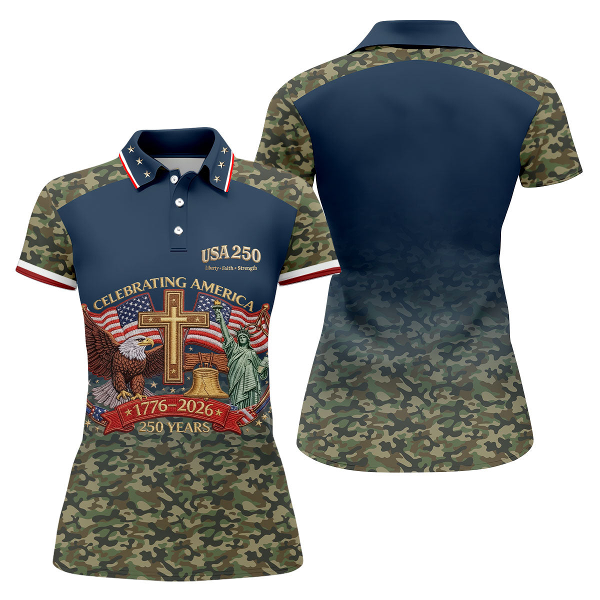 Liberty Faith Strength Faith Cross USA 250 Navy Camo Golf Shirt, 4th Of July Golf Shirt For Women