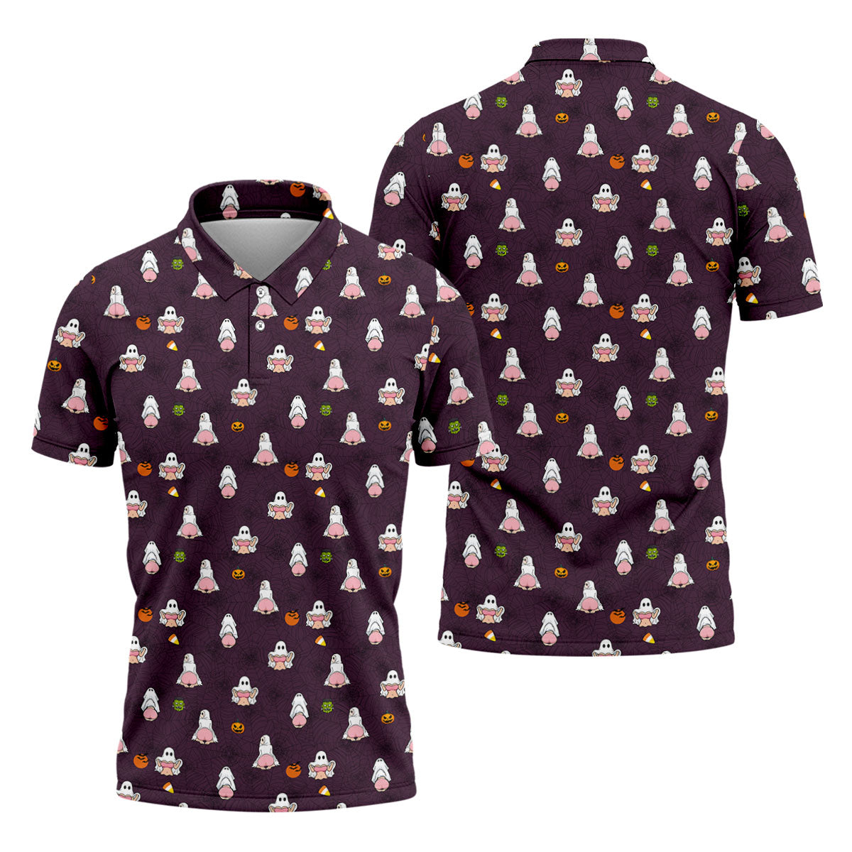Cute Ghost Butt Halloween Pattern Golf Polo Shirt, Mens Golf Polo, Printed Golf Shirts