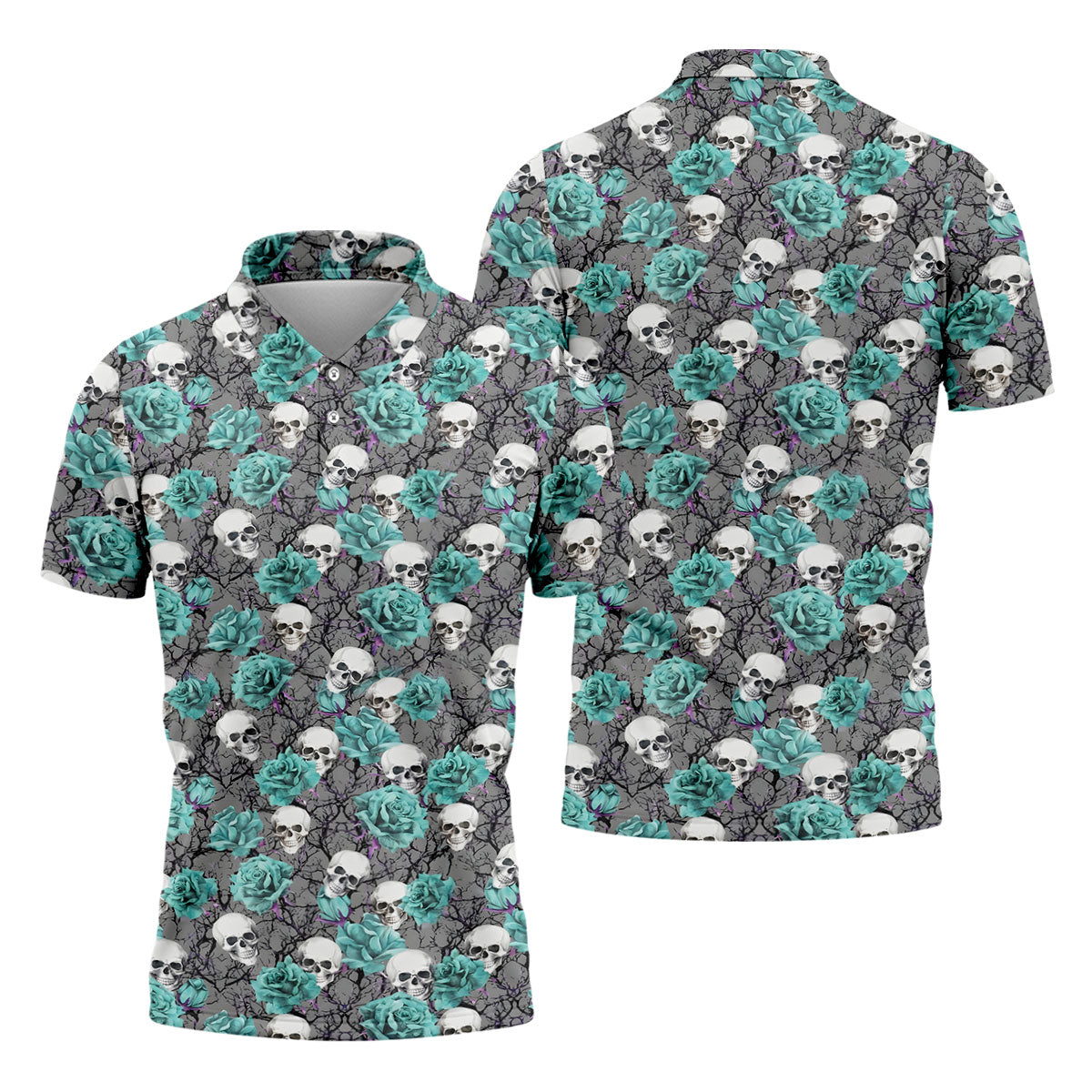 Teal Rose Skull Gothic Pattern Golf Polo Shirt, Mens Golf Shirts, Hawaiian Golf Shirt