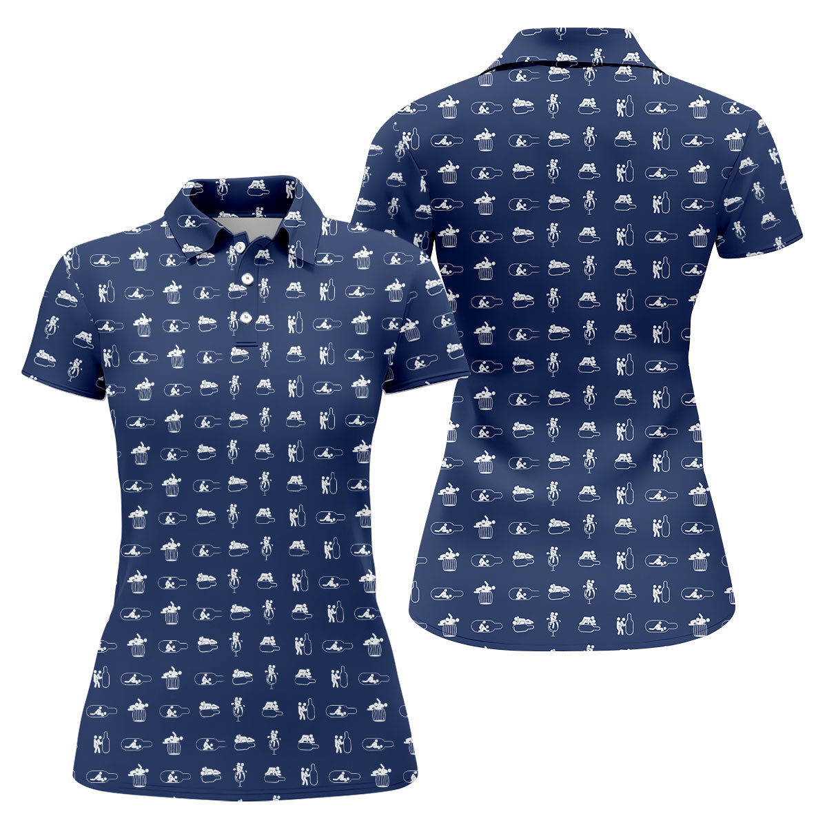 Navy Funny Adult Drinking Pattern Golf Polo Shirt, Golf Tops For Women, Ladies Golf Tops
