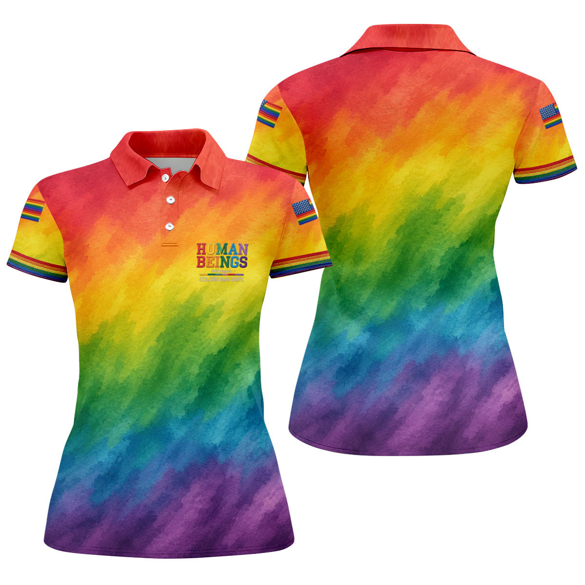 Human Beings LGBT Rainbow Women's Golf Tops, LGBT Pride Month Gradient Watercolor Ladies Golf Shirts
