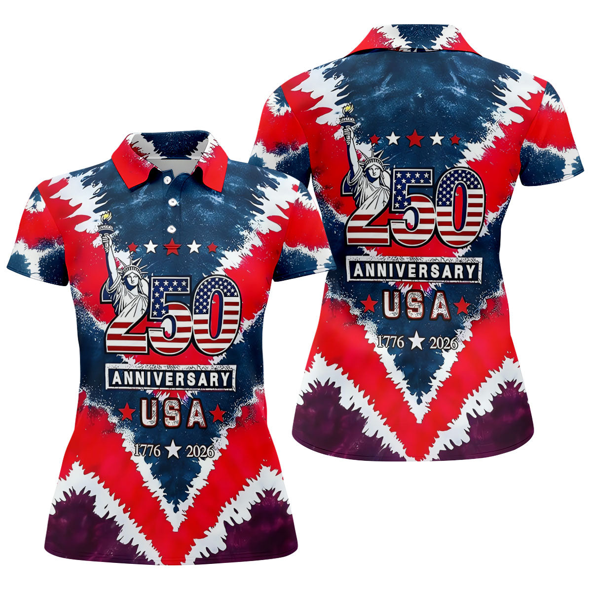 250th Anniversary Red White Blue Tie Dye Print Patriotic Golf Shirt, 4th Of July Golf Shirt For Women