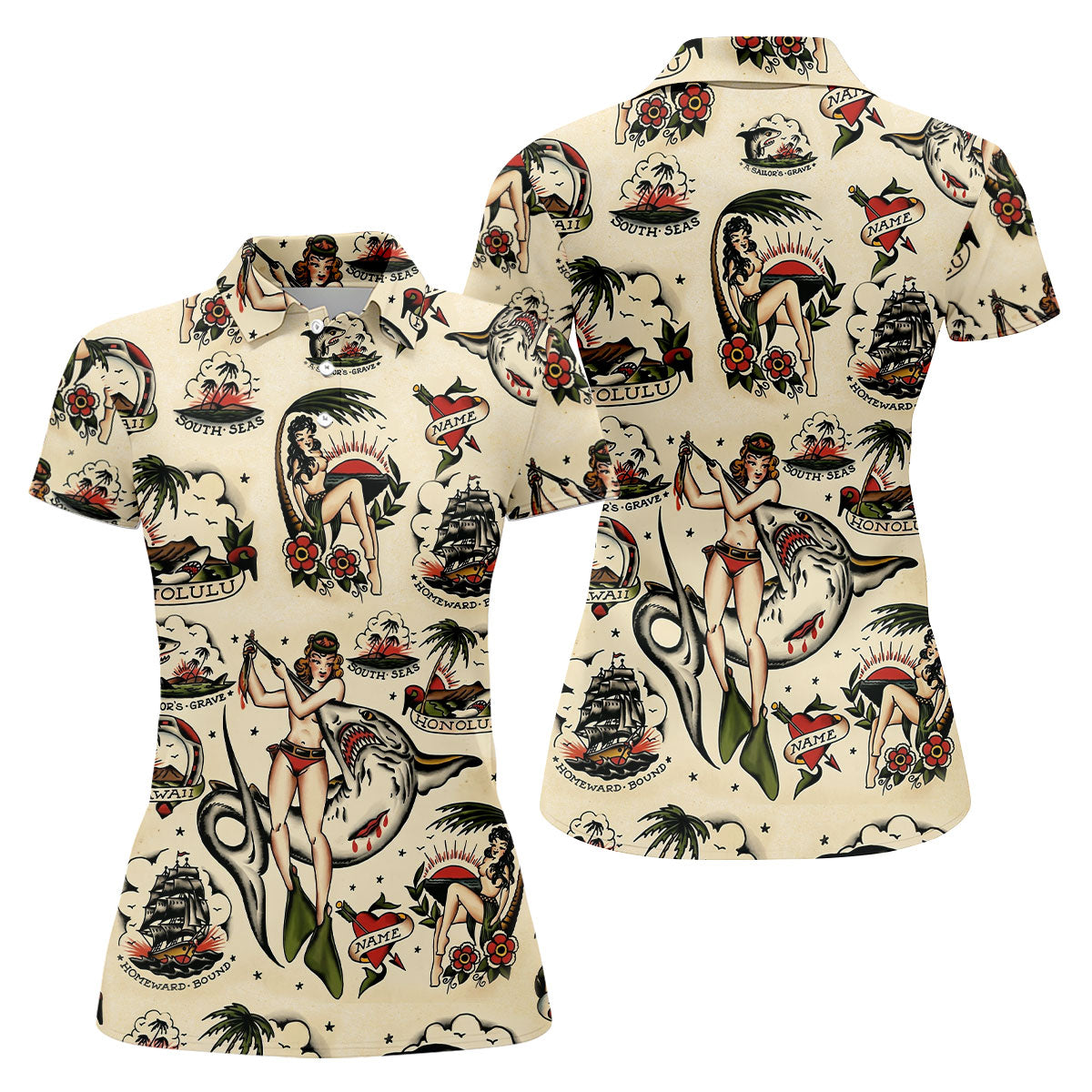 Vintage Hawaiian Pin Up Shark Tattoo Golf Shirt, Ladies Golf Shirts, Women’s Golf Apparel