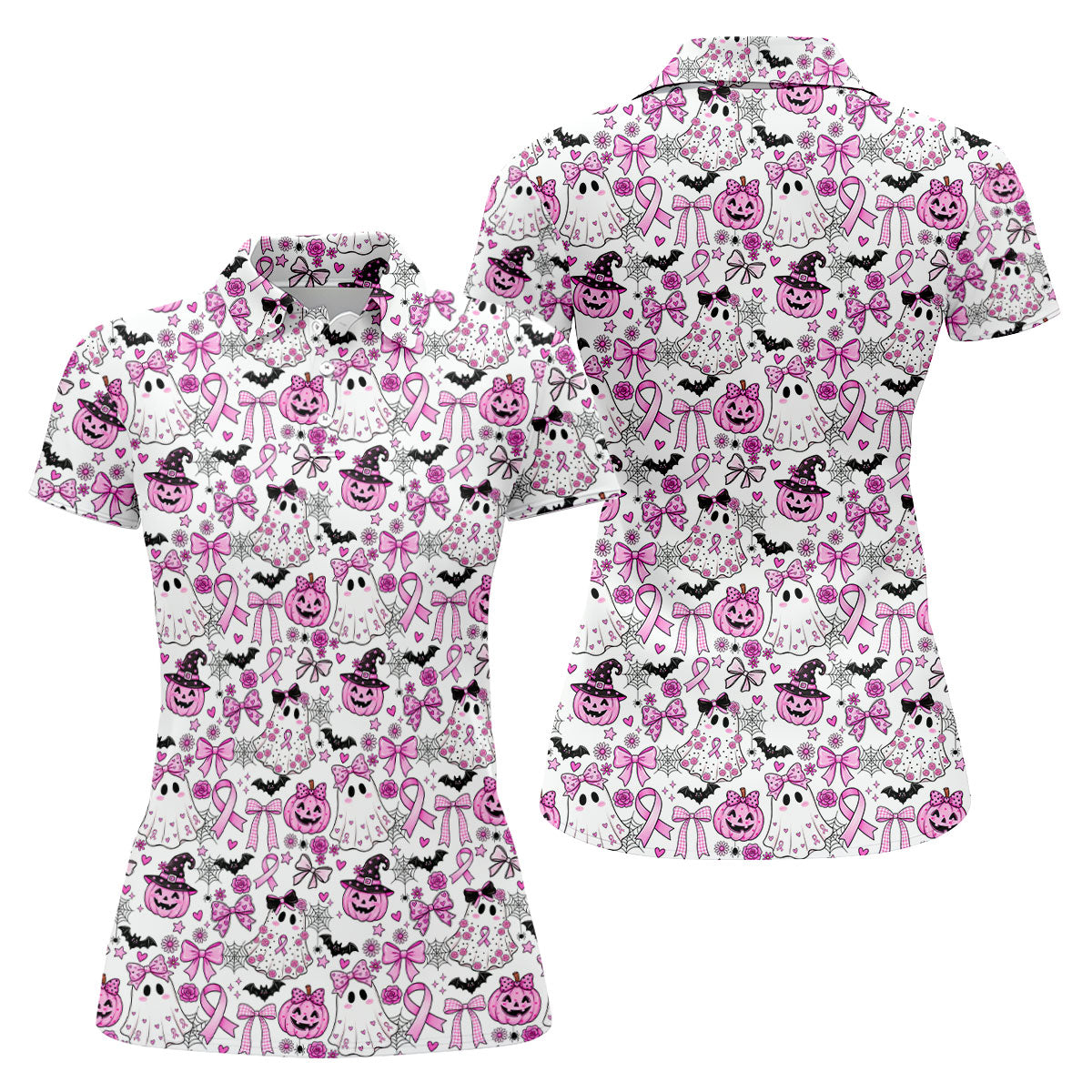 Pink Breast Cancer Witch Halloween Golf Polo Shirt, Womens Golf Polo, Golf Shirts For Women