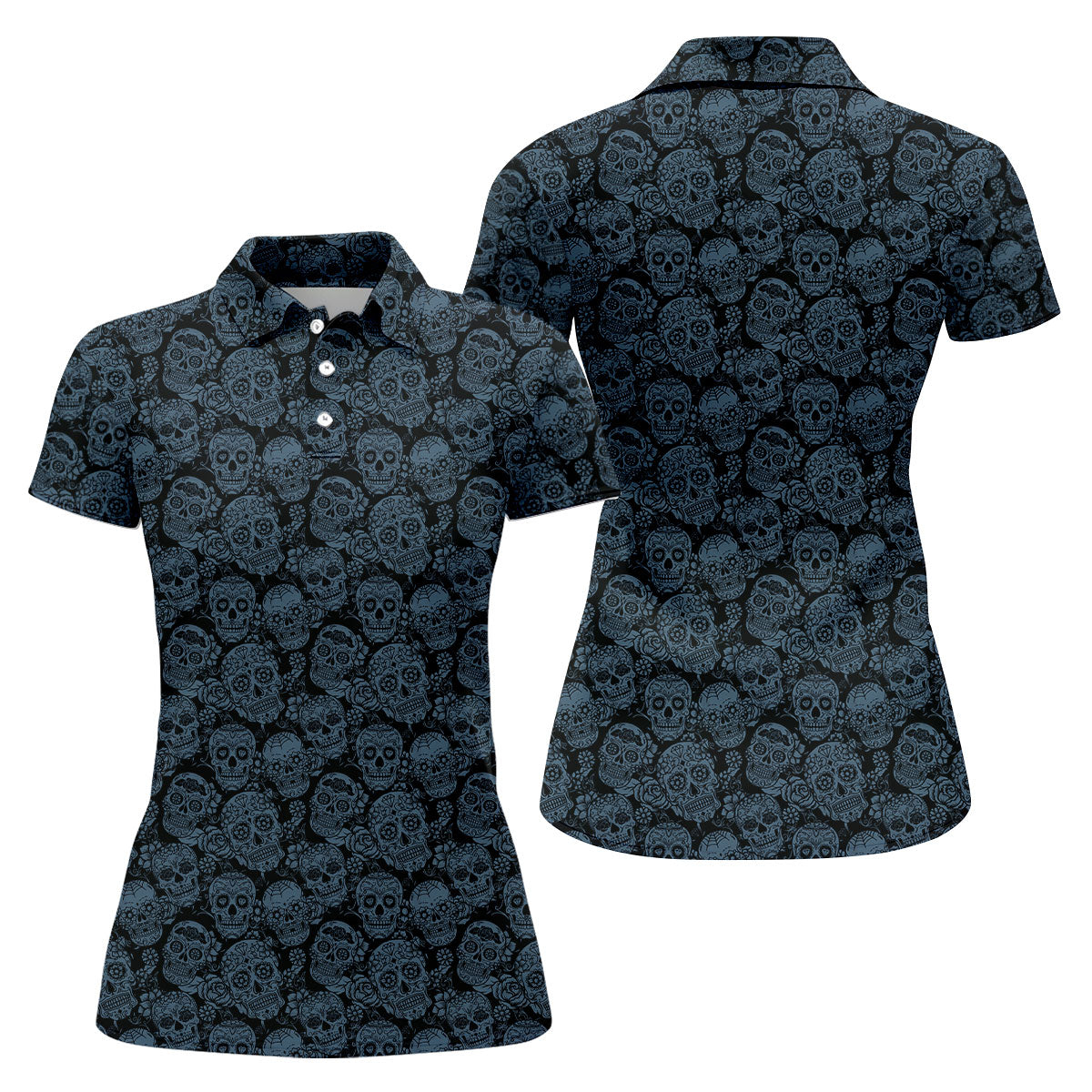 Gothic Sugar Skull Pattern Golf Polo Shirt, Golf Shirts For Women, Women’s Golf Polo