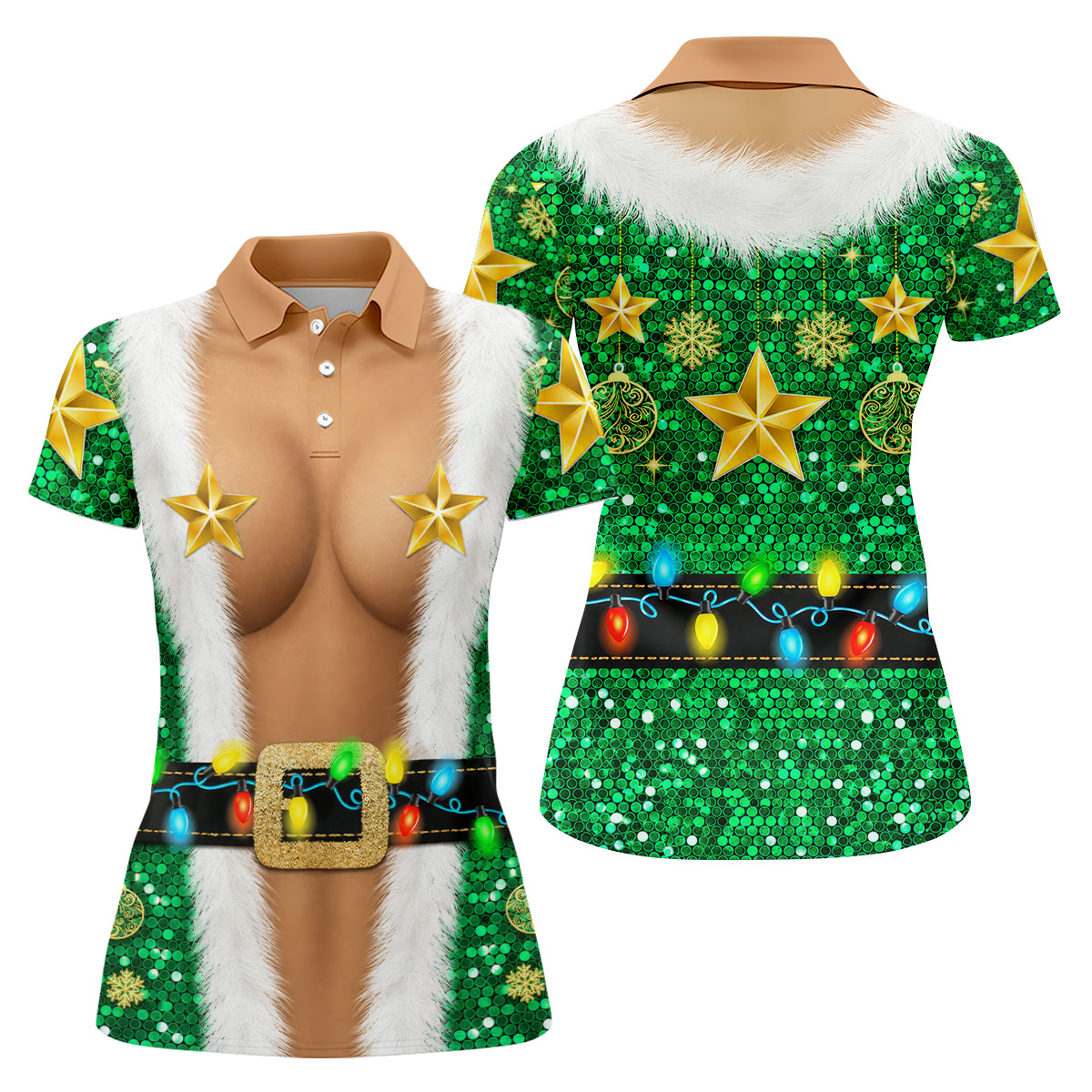 Green Santa Gold Stars Christmas Golf Polo Shirt, Ladies Golf Shirt, Women’s Golf Apparel