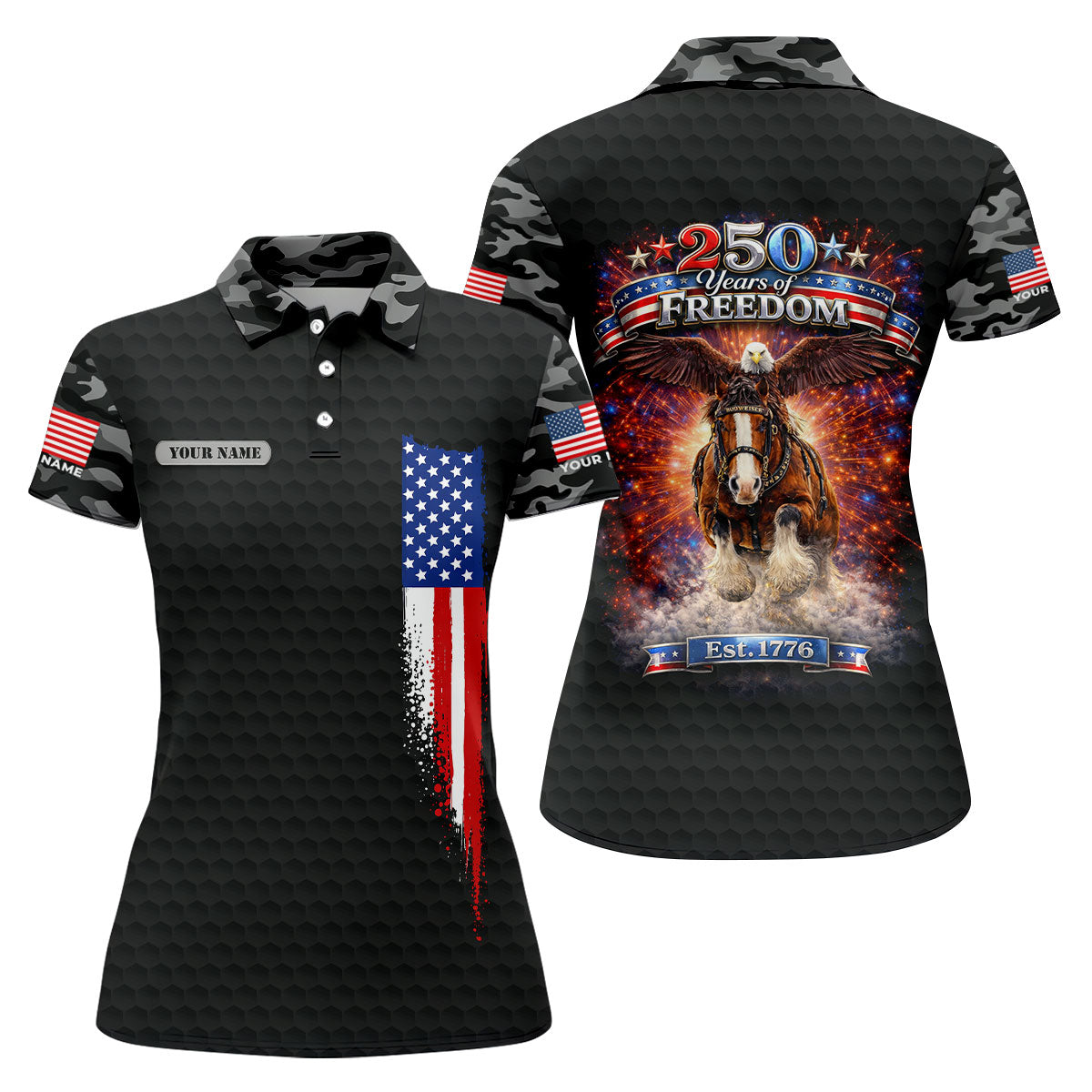 250 Years Of Freedom Black Camo Patriotic Golf Shirt, 4th Of July Golf Shirt For Women