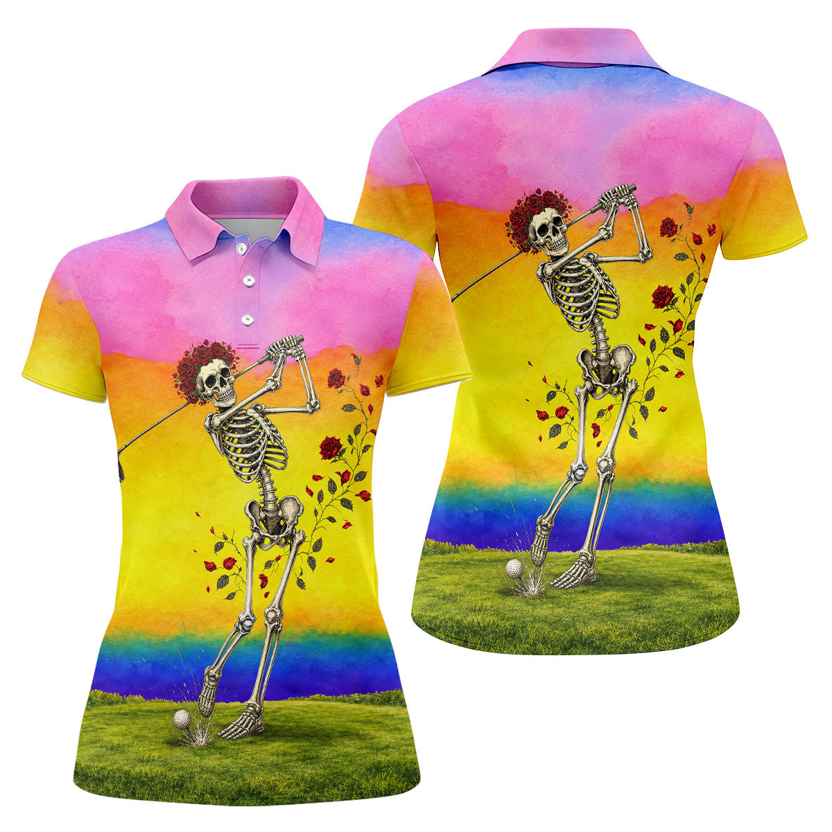 Rainbow Skeleton Golfer Golf Polo Shirt, Women's Golf Polo, Ladies Golf Shirts