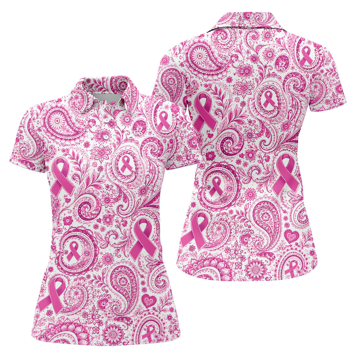 Pink Ribbon Paisley Breast Cancer Golf Polo Shirt, Women’s Golf Apparel, Ladies Golf Top