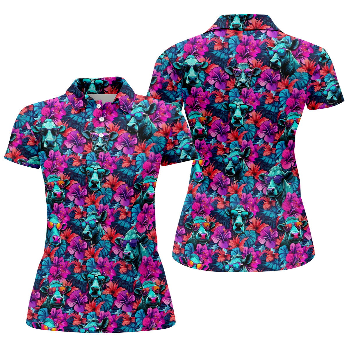 Funny Cow Wearing Sunglasses Tropical Golf Polo Shirt, Golf Shirts For Women, Women's Golf Apparel