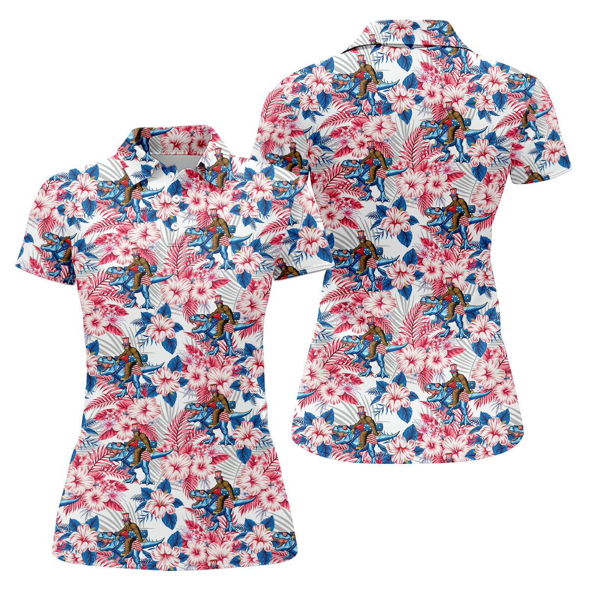 Patriotic T-Rex Bigfoot Hawaiian Floral Golf Shirt, 250 Years 4th Of July Golf Shirt For Women