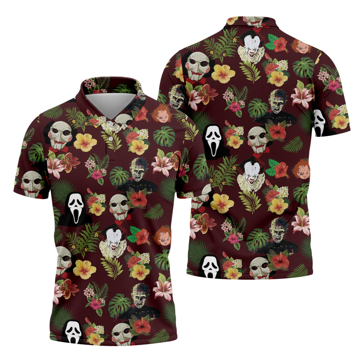 Floral Halloween Horror Character Hawaiian Golf Shirt, Men's Golf Shirt, Golf Polo Shirts For Men