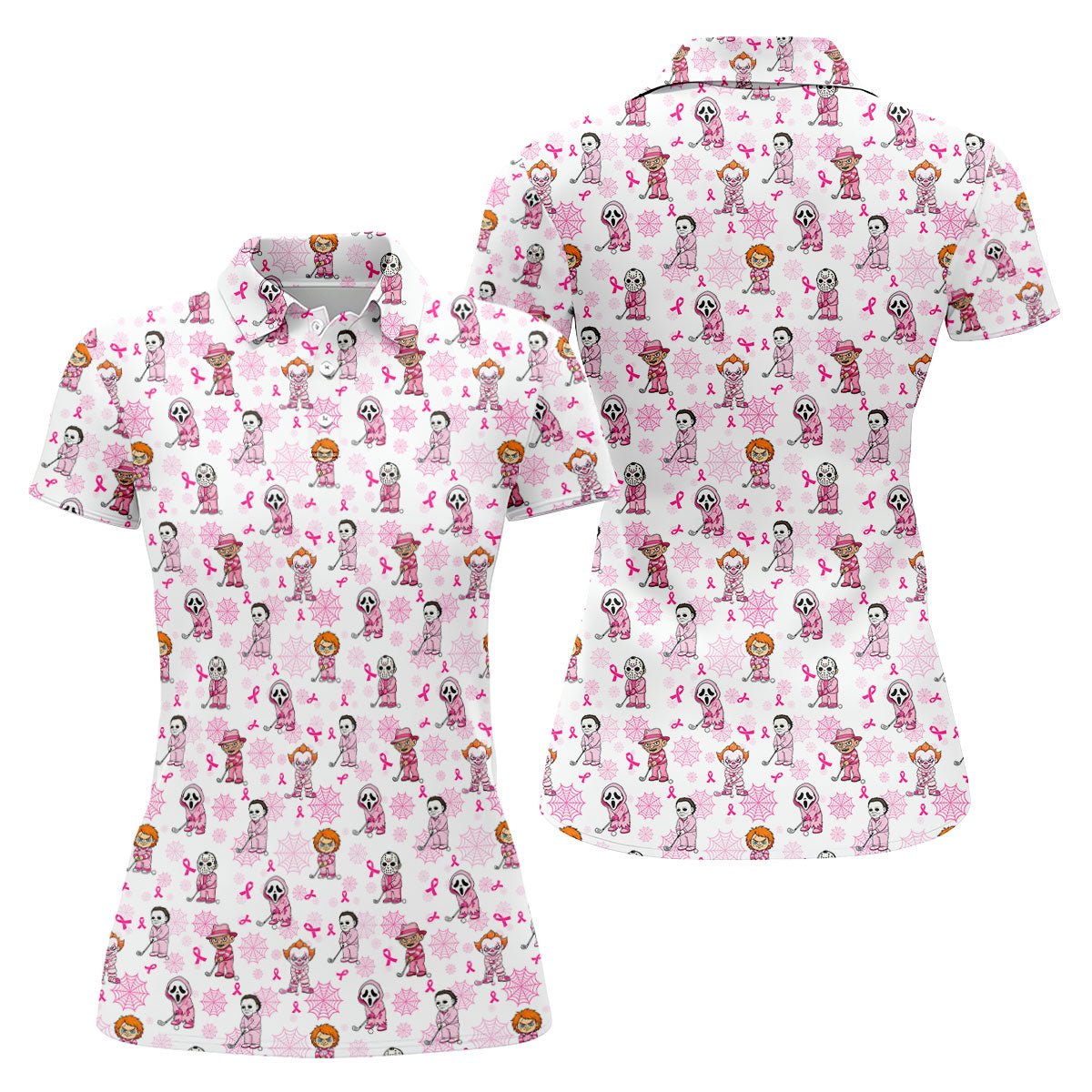 Halloween Horror Character Breast Cancer Polo Shirt, Ladies Golf Tops, Printed Golf Shirt